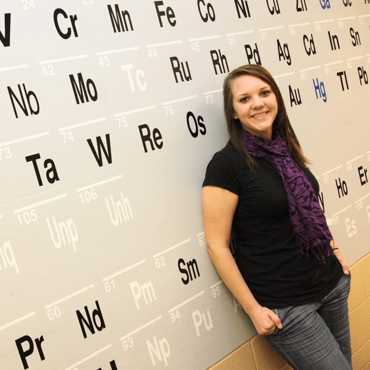 Student in front of periodic table