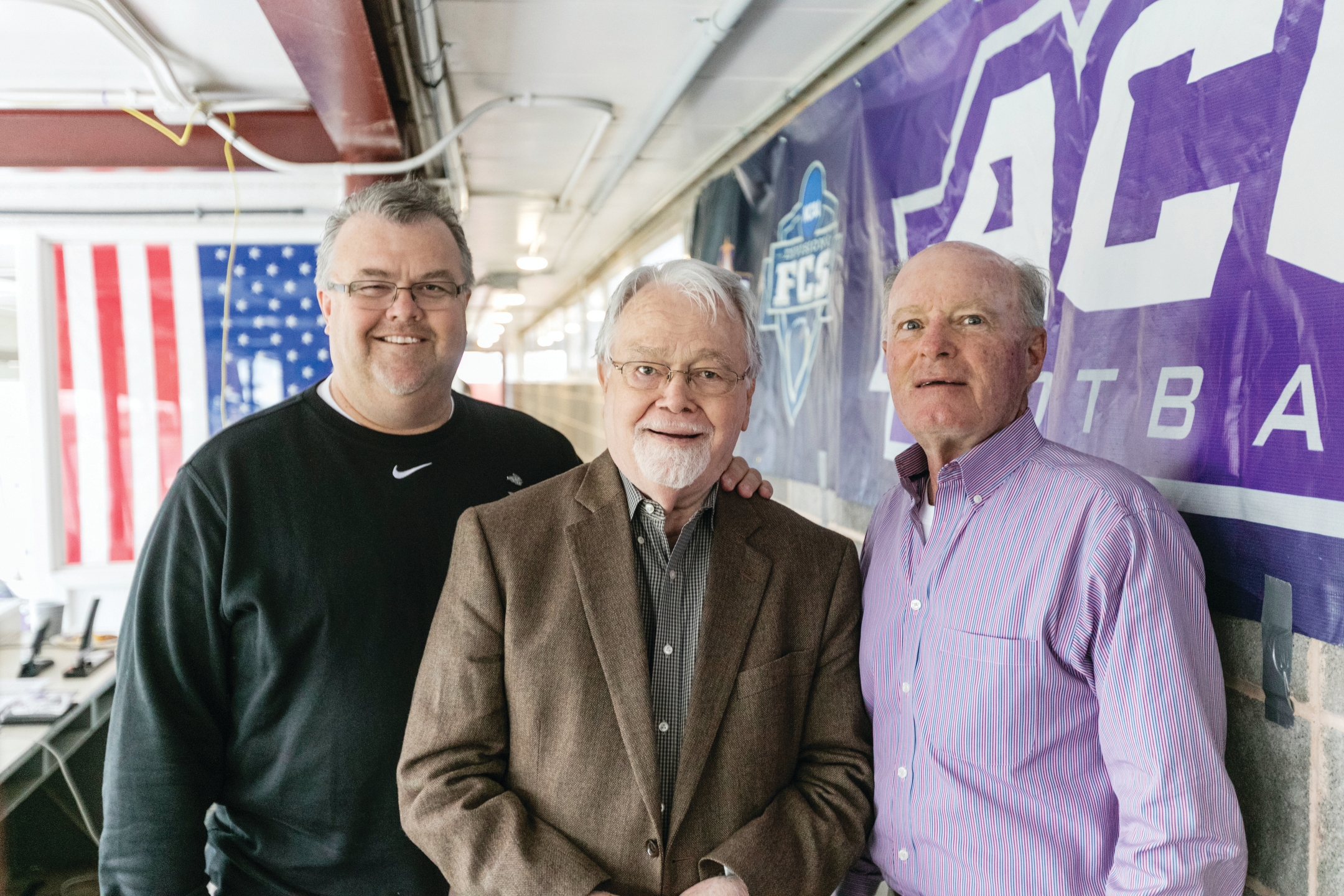 Three of the seven sports information directors in Wildcat history gathered at ACU’s last football game in Shotwell Stadium on Nov. 5, 2016: (from left) Lance Fleming (’92), Dr. Charlie Marler (’55) and Garner Roberts (’71). Marler (1958-63) was the first, Roberts (1973-98) the fourth and Fleming the fifth (1998-2019).