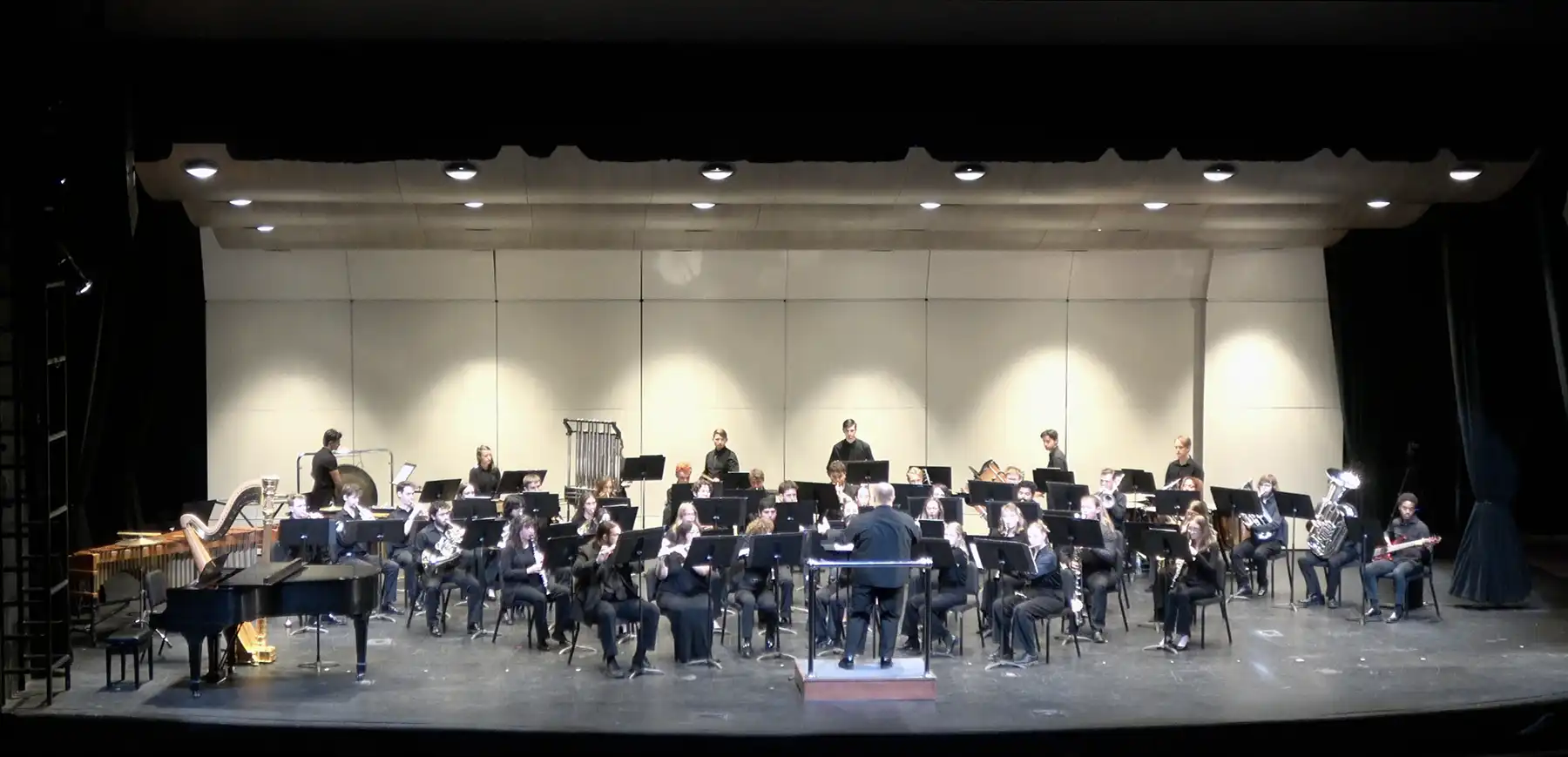 The concert band performing on stage.