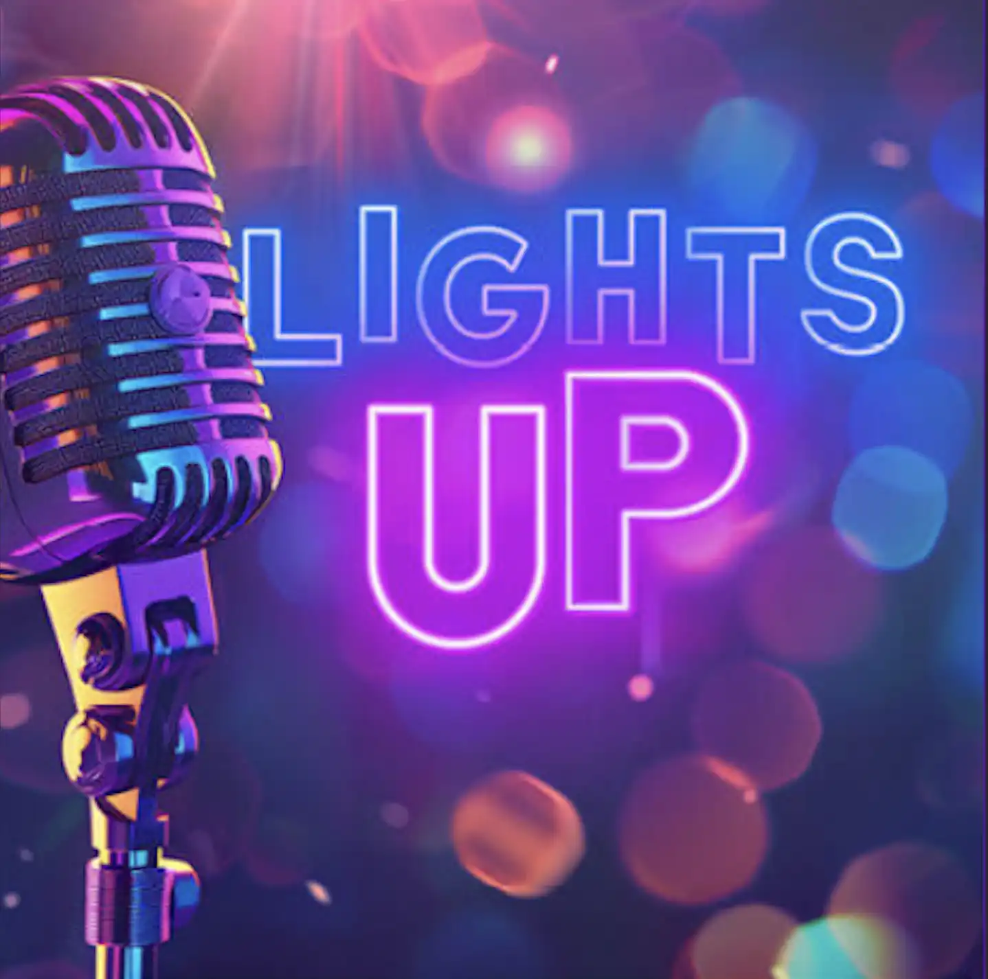 A desktop microphone with the text "Lights Up".