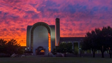 ACU's Onstead Bible Building at night