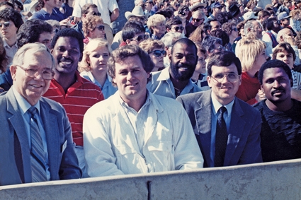 FROM LEFT: Former head coach Wally Bullington and former standouts from his 1976 team attended an ACU football game in Shotwell Stadium: Wilbert Montgomery, Johansson, Johnny Perkins, Jim Reese and Cle Montgomery. The Montgomery brothers, Johansson and Perkins played in the NFL. 