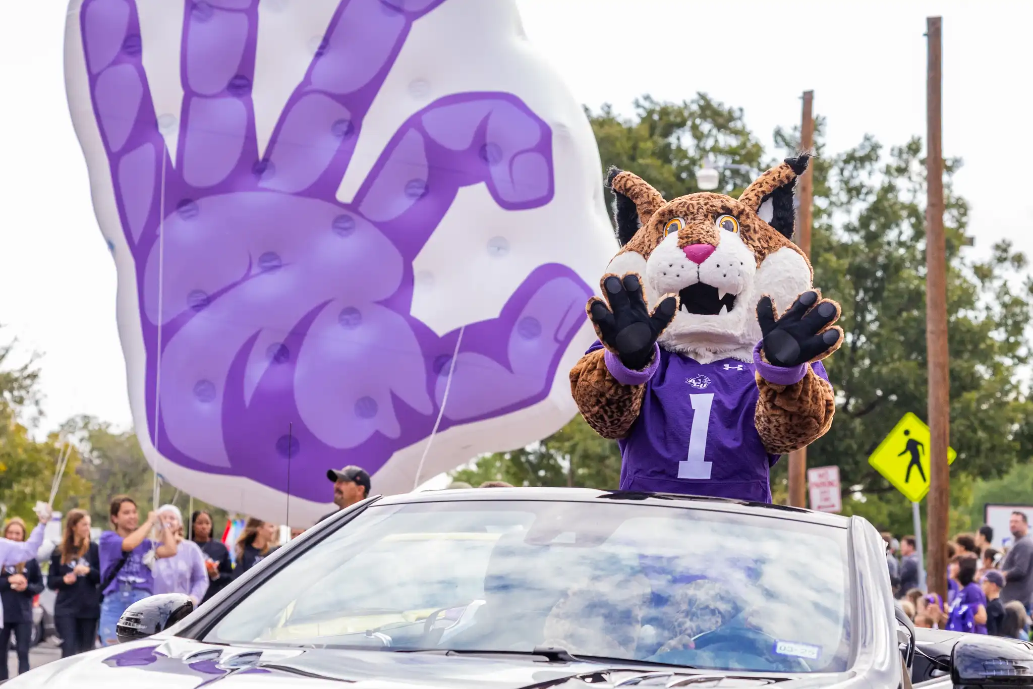 Willie the Wildcat waves at the crowd during the Homecoming Parade