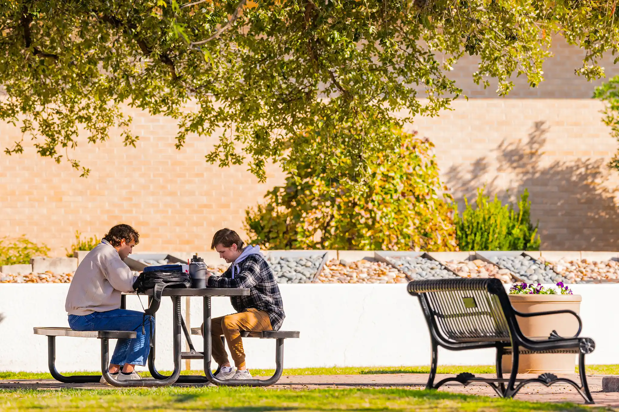 Two students study outside at a picnic table on a nice Fall day.