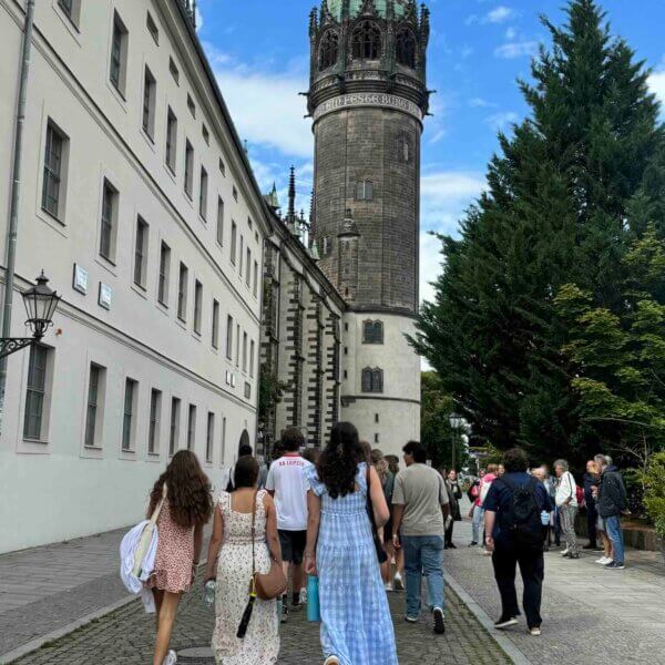 students walking in Leipzig, Germany.