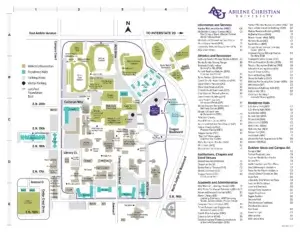 Map of ACU's campus with buildings, parking, and points of interest.