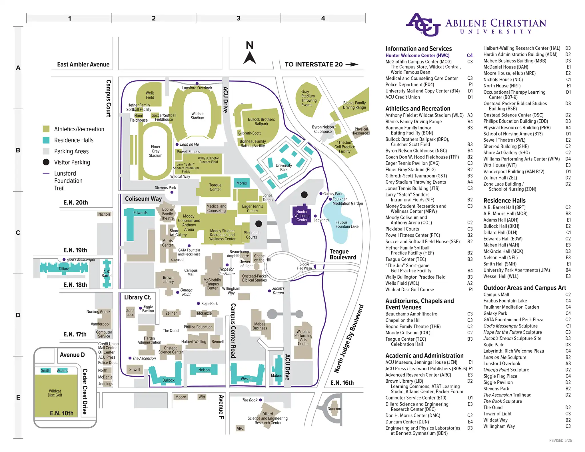 Map of ACU's campus with buildings, parking, and points of interest.