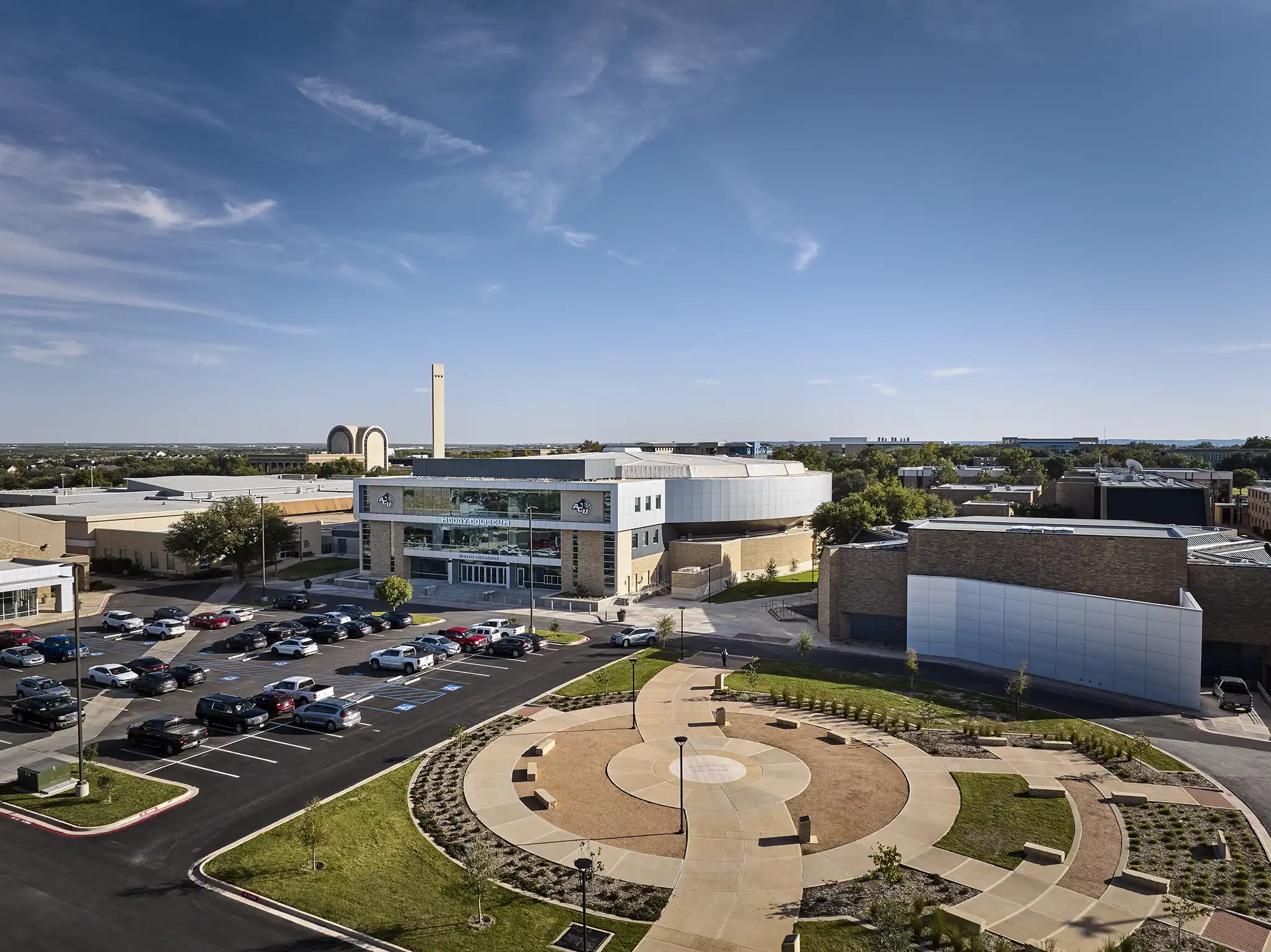 Low aerial view of the north side of ACU's campus.