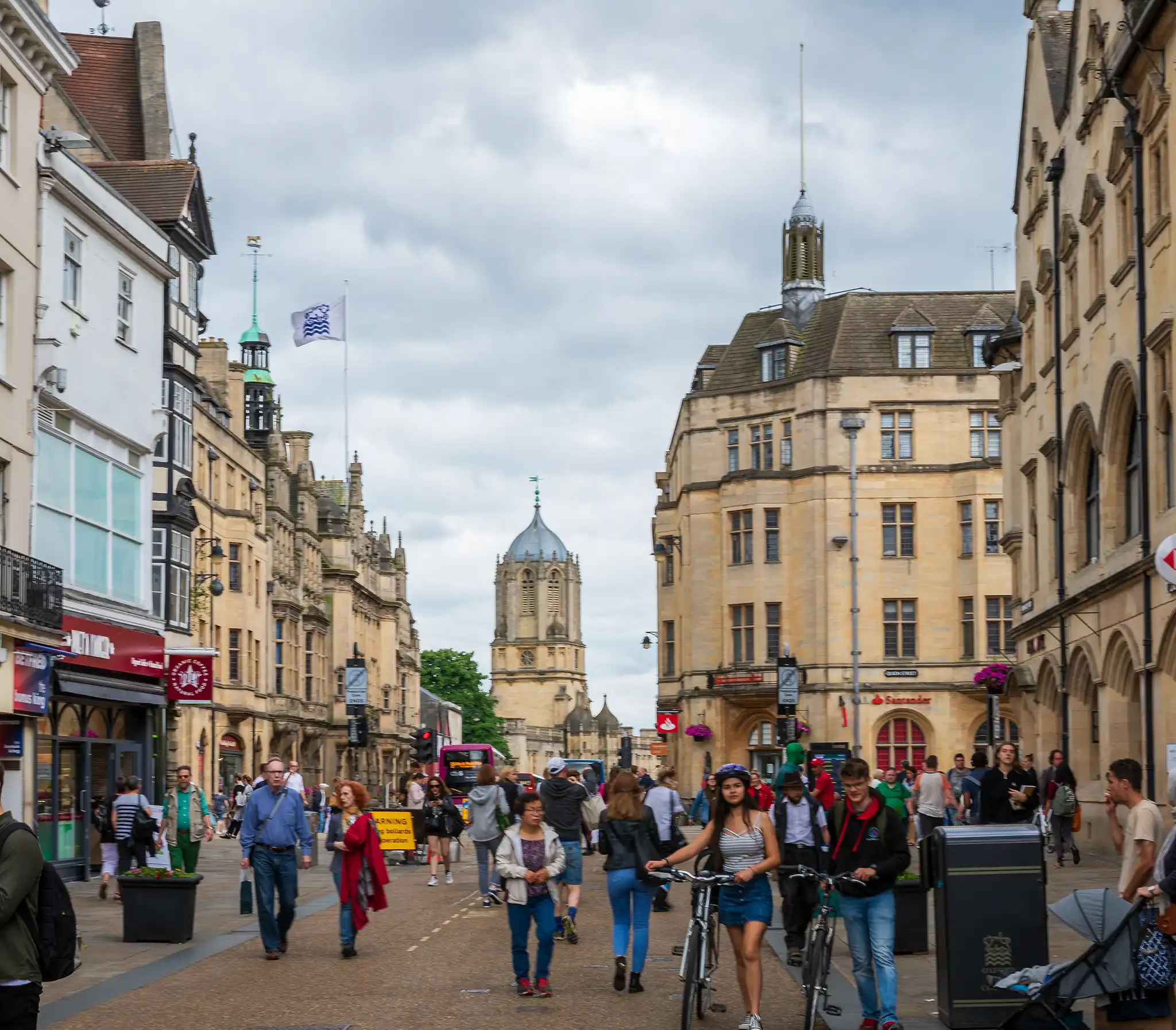 A busy market street in Oxford, England.