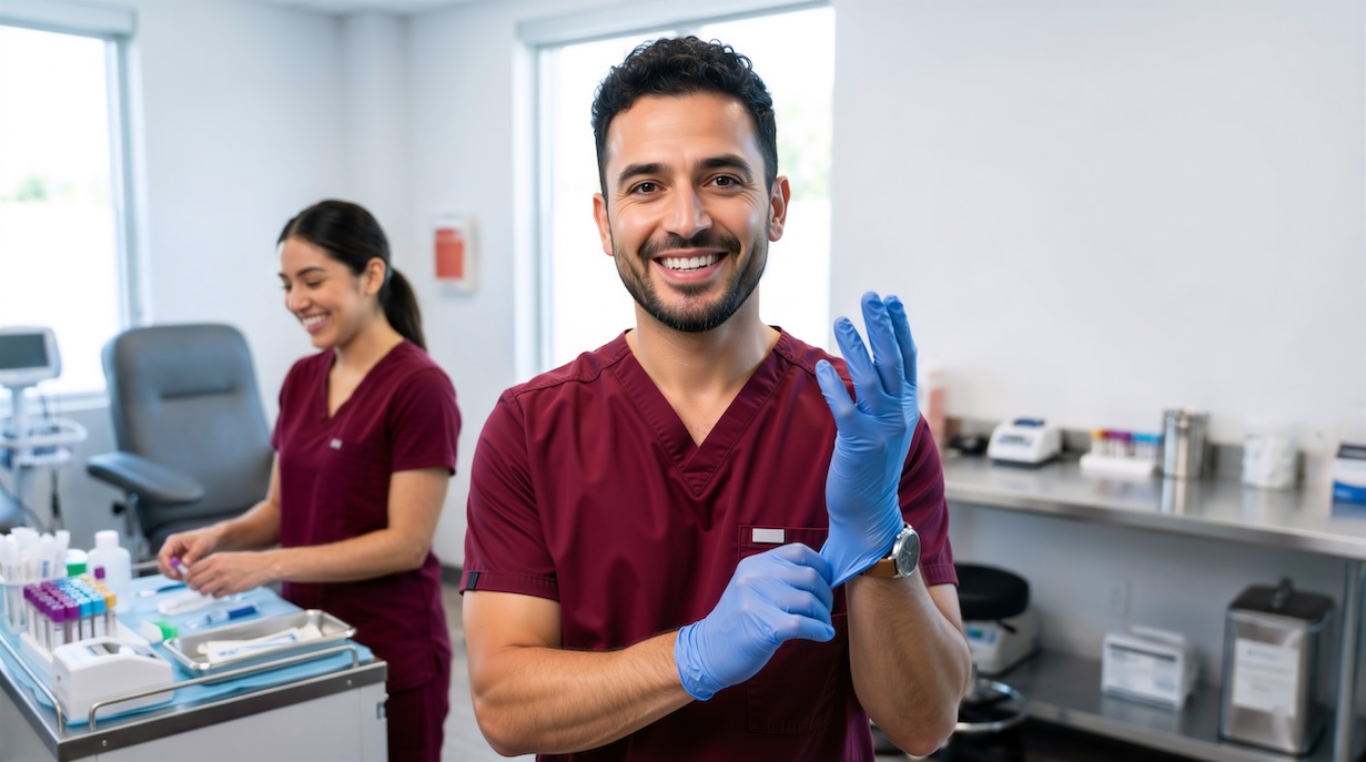 A smiling male healthcare professional in maroon scrubs is shown putting on blue nitrile gloves, preparing for a medical procedure or laboratory test. In the background, a female colleague is working at a station with various blood sample tubes. The setting is a clean, well-lit medical laboratory or clinic, highlighting themes of hygiene, safety, and diagnostic preparation. Certified Phlebotomy Technician