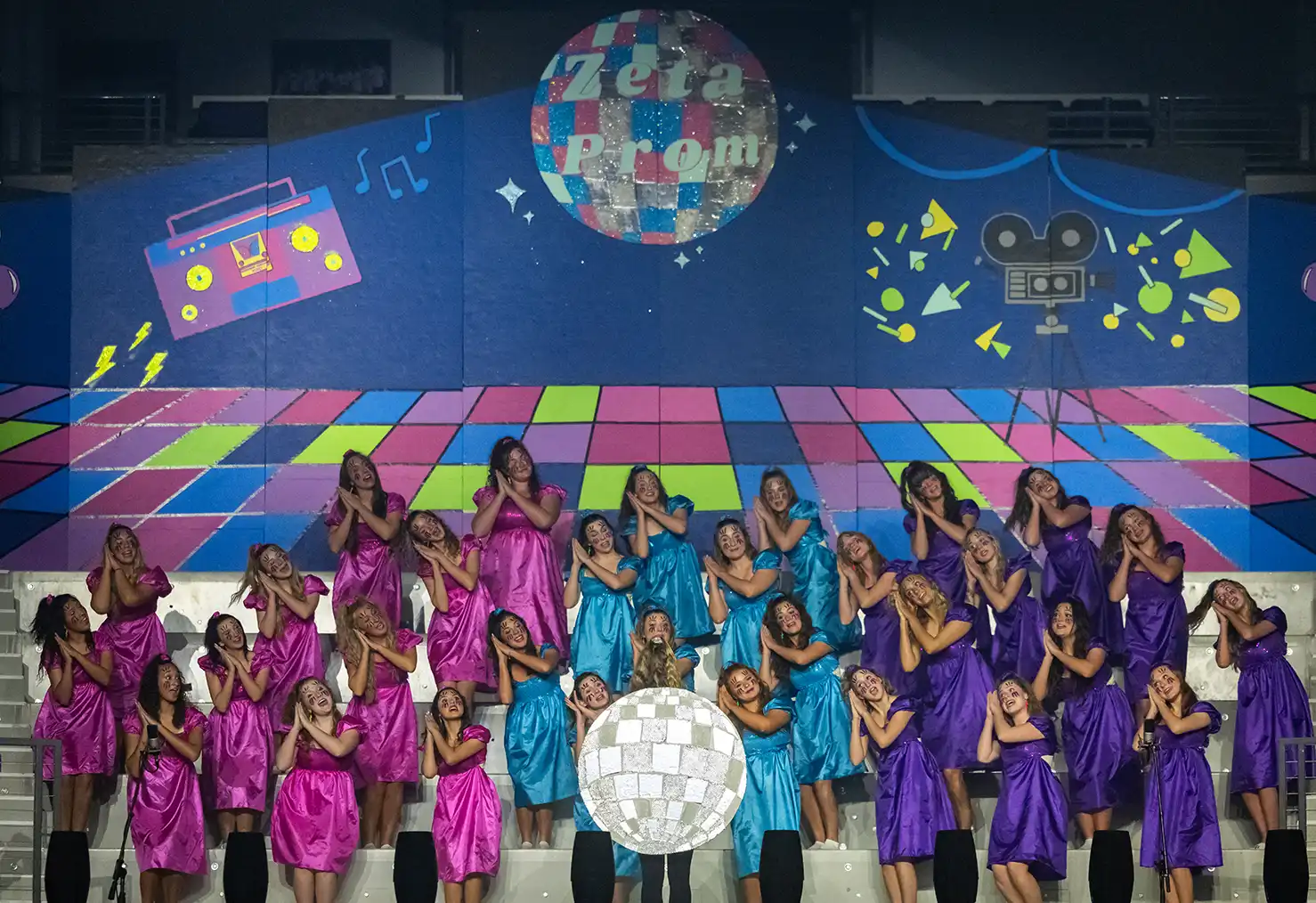 A wide view at Sing Song showcases Zeta Phi Alpha and their handmade set depicting Zeta Prom.