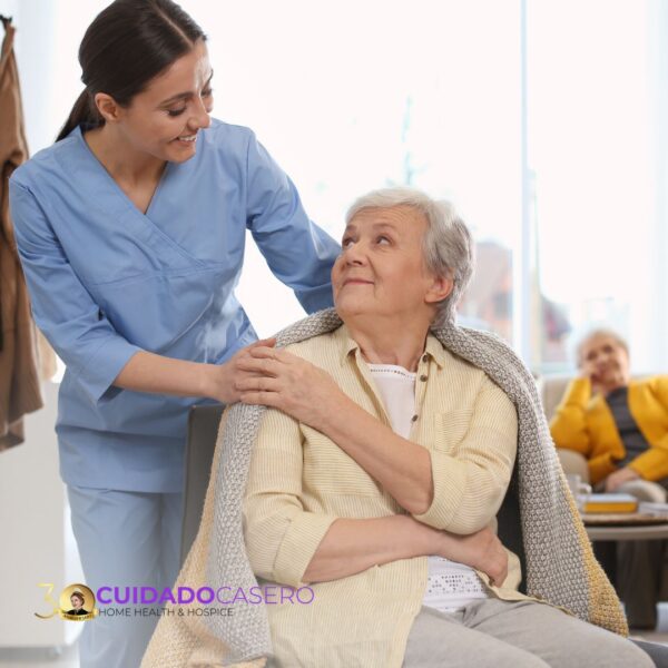 Home health aide with an elderly patient