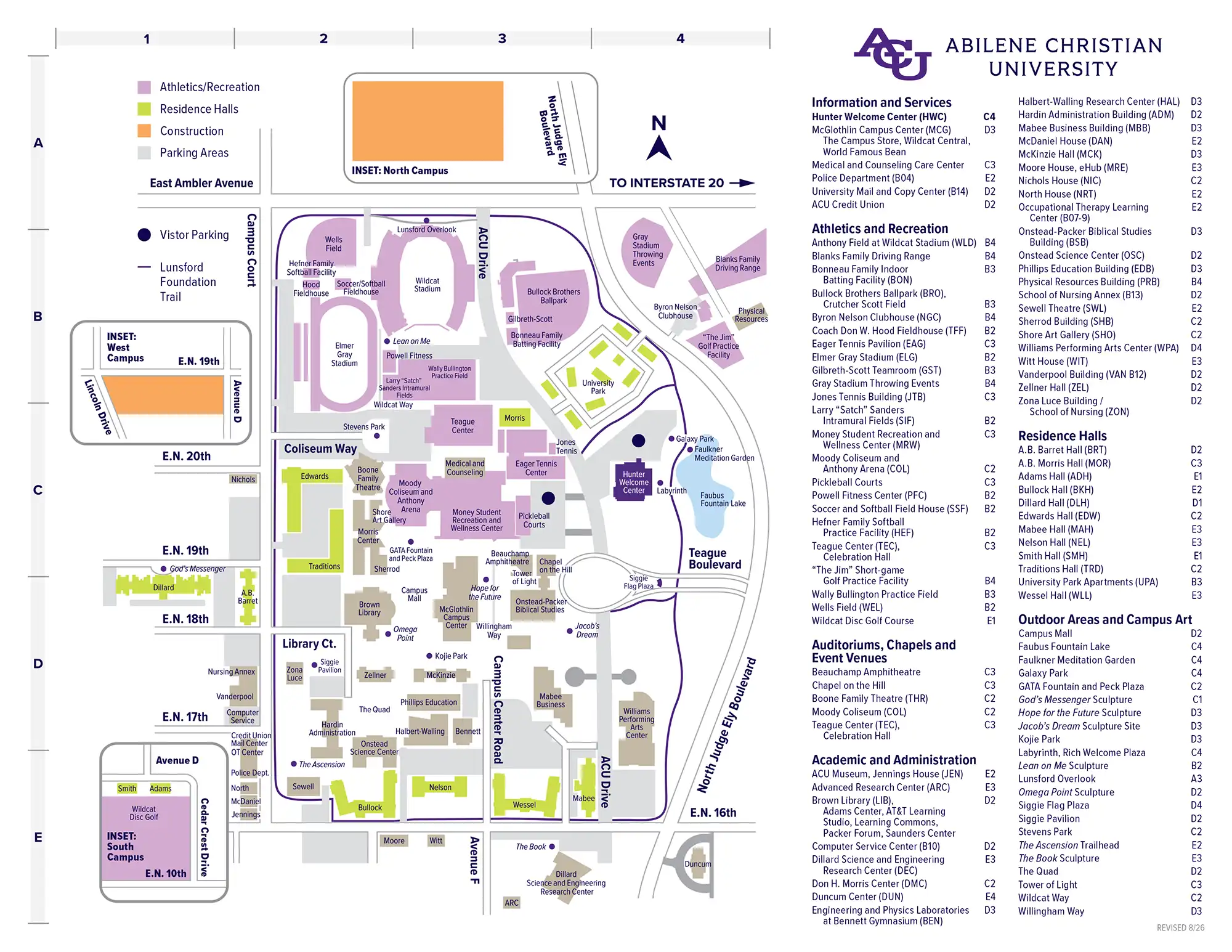 Map of ACU's campus highlighting parking, buildings, and points of interest.