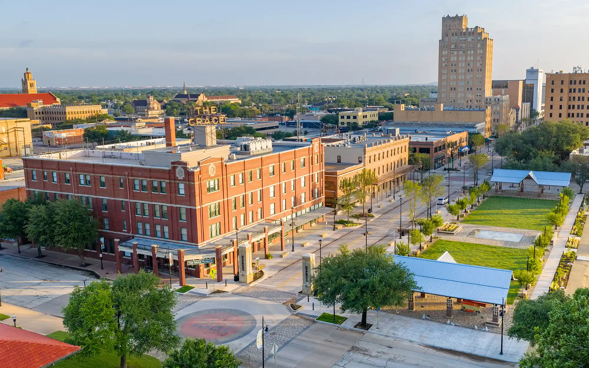 Aerial view of downtown Abilene highlighting the Grace Museum.