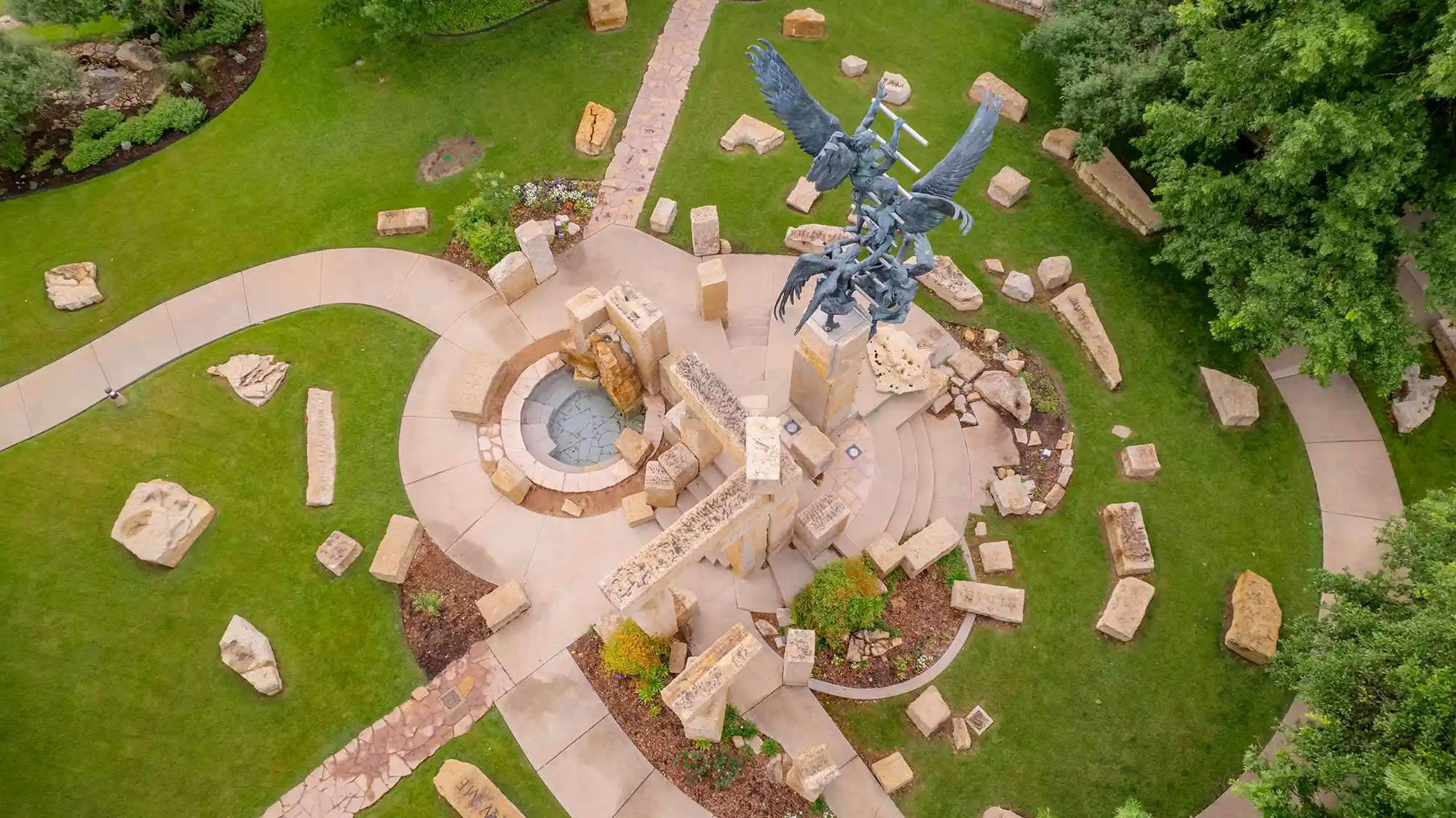 A drone's view of Jacob's Dream sculpture and garden.