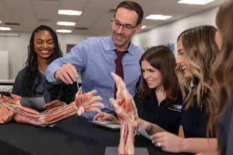 Occupational Therapy students work with medical training equipment alongside a professor.